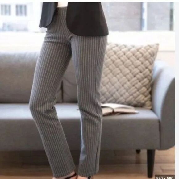 Betabrand Slim Straight Pullover Pinstripe Pants - Gray & White - Picture 1 of 8
